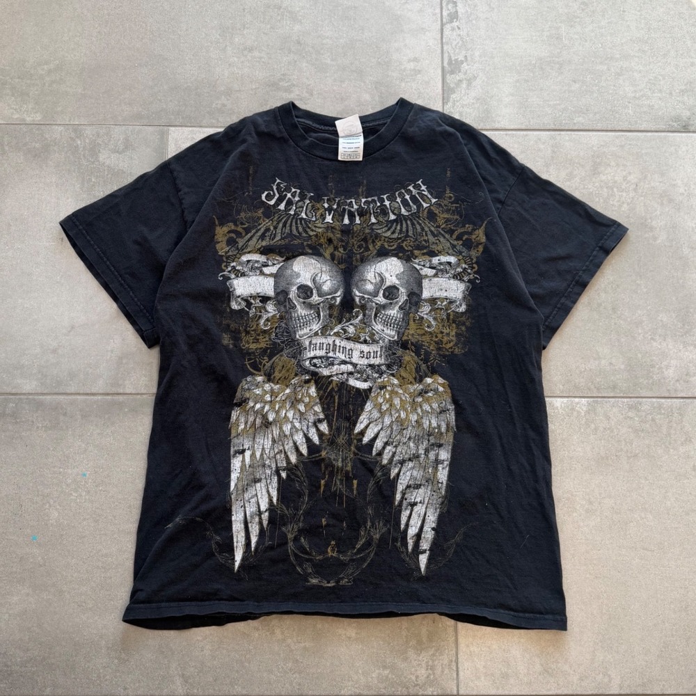 Vintage Y2K Affliction Tee Large Black Skull Angel Wings Salvation Graphic Shirt